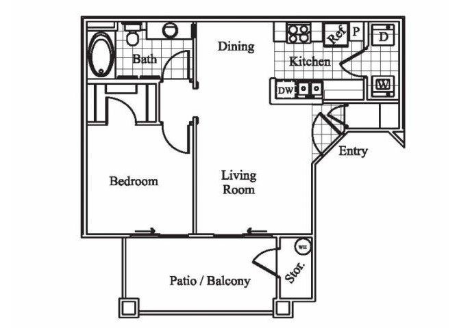 1 bedroom 1 bathroom floor plan at Silverbell Springs Apartments in Tucson, AZ